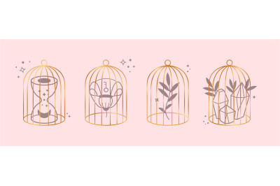 Golden cage. Sandglass, nature in cages, bohemian mystic line elements