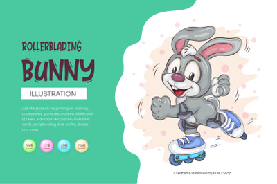 Cartoon Bunny Rollerblading. T-Shirt&2C; PNG&2C; SVG.