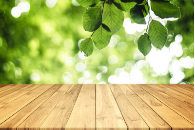 Brown Wood Plank Empty Table With Green Bokeh in Backgroun