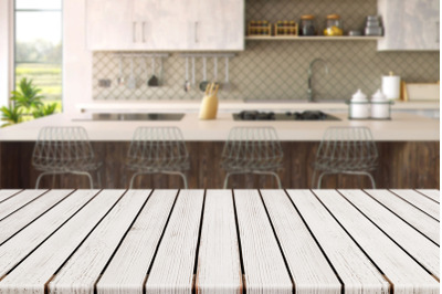 Empty White Wood Plank Table With Blurred Kitchen Background