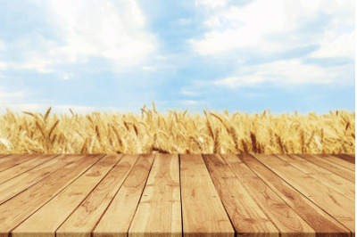 Wooden Plank Empty Table With Blurred Wheat Field Blue Sky Background