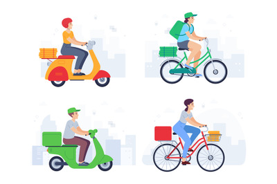 Cartoon characters delivering products on scooters and bicycles. Couri