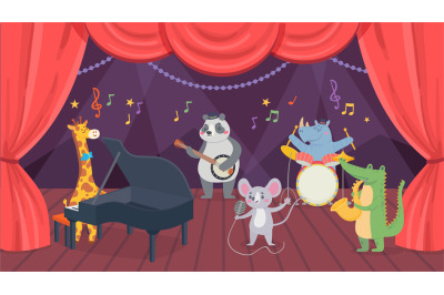 Animal musicians characters on theatre stage. Giraffe, rhino, crocodil