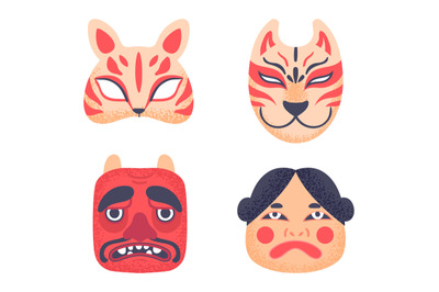 Asian culture symbols. Authentic japanese theatre masks faces. Traditi