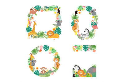 Cartoon animals frame. Green tropical palm tree leaves with tiger&2C; lio