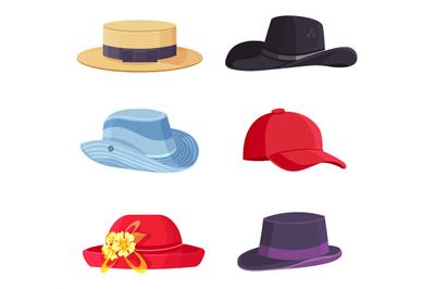 Cartoon headwear. Beach straw hat, fedora, baseball cap. Different col