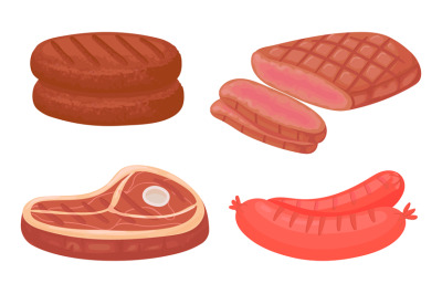 Cartoon meat food. Raw product ingredients as patty&2C; steak and sausage