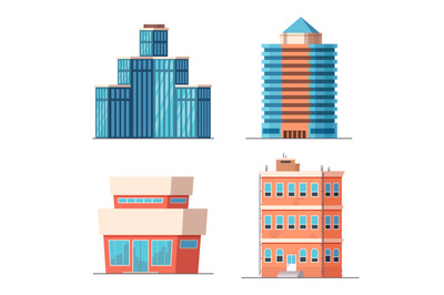 Cartoon office city buildings, modern skyscrapers, towers and houses w