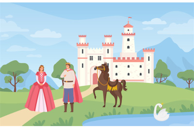 Fairytale landscape with castle. Prince and princess standing on meado