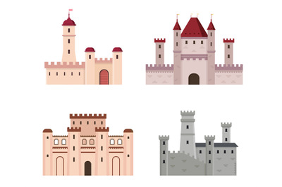 Medieval buildings. Isolated cartoon knight fortress and castles. Hist