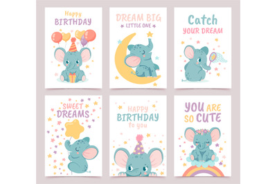 Nursery elephant posters. Cute animals celebrating birthday with gift