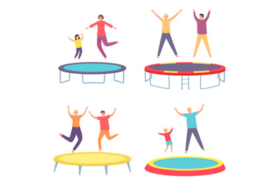 People jump on trampoline. Young man and woman and kids having fun and