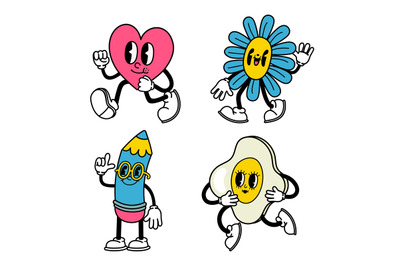 Trendy abstract cartoon. Comic heart, flower, pencil and egg with chee