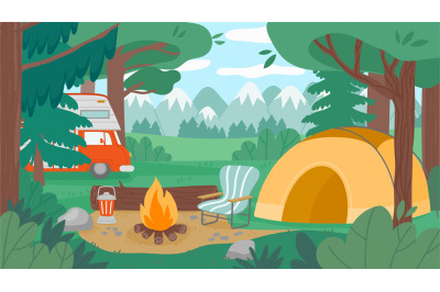 Camping cartoon forest. Tourist campground with campfire cooking pot t