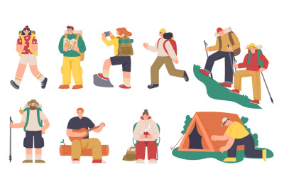 Camping people set. Characters with backpacks on travel and adventure,