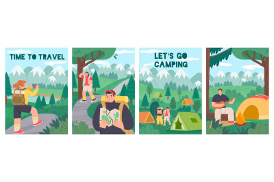 Hiking people poster. Cartoon tourism and active adventure banners wit