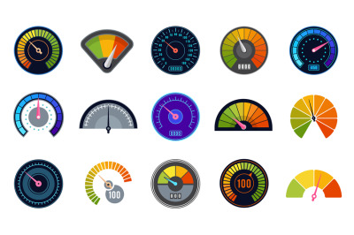 Speedometer set. Score measuring indicator with arrows and marks. Vect