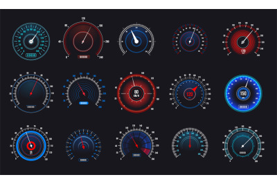 Car speedometers set. Speed measurement automobile indicator, futurist