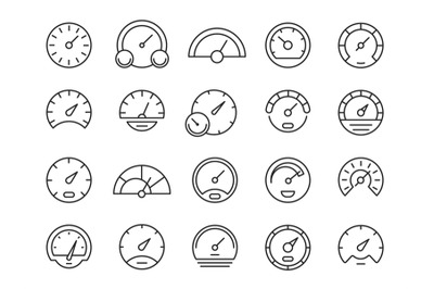 Speedometer line icons. Loading and downloading speed indicator, minim