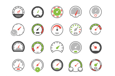 Color speedometer icons. Speed gauge symbol and download indicator. Ve