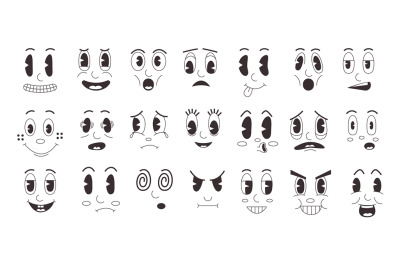 Cartoon retro faces. Doodle clip art funny emotions, old mascot face c