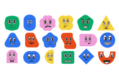 Abstract shapes with faces. Cartoon clip art mascot characters with fu