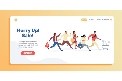 Shopping people landing page. Sale and discount web site template with