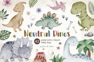Watercolor Neutral Dinosaur Clipart, Cute Baby Dino PNG