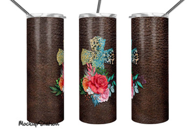 Christian Tumbler Design PNG | Cross Floral Leather Sublimation Wrap