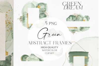 Green watercolor frames png, Gold and green abstract clipart, Dusty green textures for wedding invitation, baby shower, social media 126