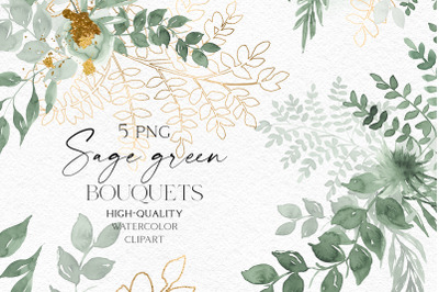 Watercolor greenery clipart, Sage green bouquet png,  Gold and green l