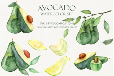 Watercolor avocado set clipart