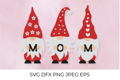 Mothers Day gnomes holding letters MOM SVG cut file