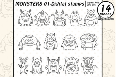 MONSTERS digital stamps, Cute creepy aliens