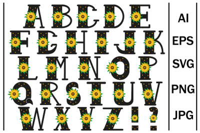 Alphabet sunflowers svg, letters with sunflower svg