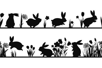 Rabbit silhouettes in grass. Bunny on meadow&2C; black spring seamless pa