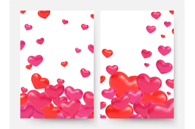 Red pink 3d hearts. Flying heart cards template. Isolated romantic cov