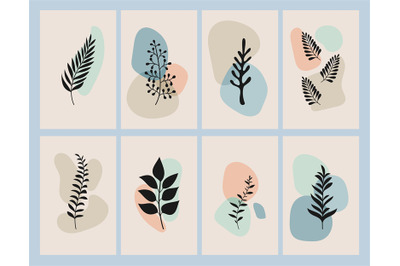 Simple wall posters with plants silhouettes. Abstract trendy modern ca