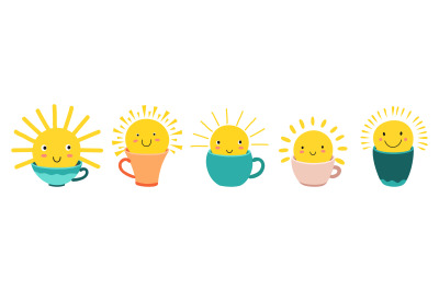 Sun in cup. Cute suns in mugs. Sunshine, good morning concept. Coffee,