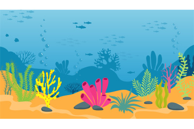 Underwater background with seaweed and fish silhouettes. Marine life&2C;