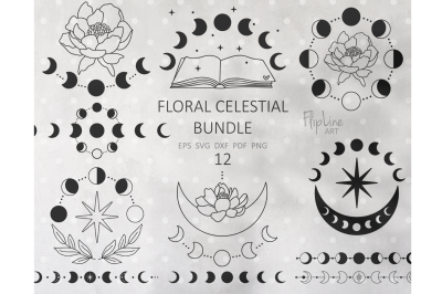 Moon SVG bundle, Peony svg, celestial Floral moon clipart