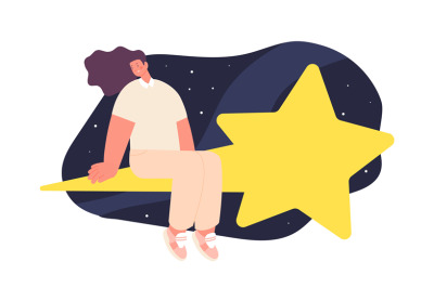 Woman on star. Girl flying in starry sky. Dreaming or success concept.