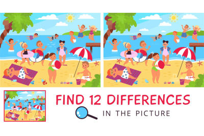 Find difference. 12 differences in picture with happy kids on beach. P