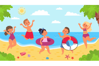 Happy beach kids. Children water games on resort, sunny day at sea or