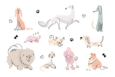 Doodle cute puppy. Active dog painting, dogs different poses. Hand dra