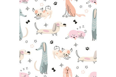 Doodle dog print. Funny dogs seamless pattern, childish scandinavian d