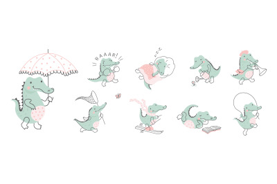 Crocodile. Cartoon cute crocodiles, wild humorous alligator character