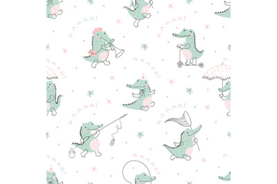 Crocodile seamless pattern. Cute cartoon crocodiles or alligators, nat