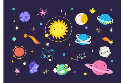 Flat cartoon universe. Space planets and moon, solar system and neptun