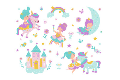 Little princess life. Cute princesses and castle, rainbow and moon. Ca